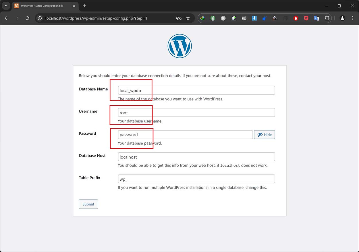 wordpress-setup-local-server-put-database-info